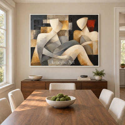 Quiet Company: Neutral Cubist Figure Wall Art — dining white