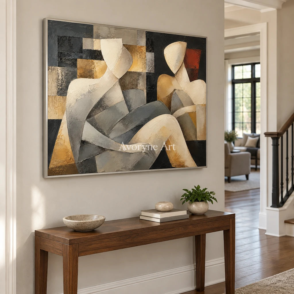 Quiet Company: Neutral Cubist Figure Wall Art — entry silver
