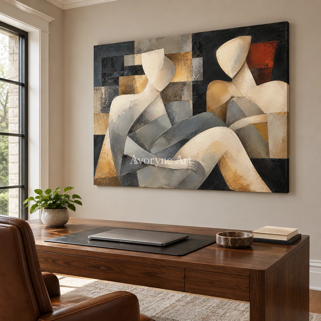 Quiet Company: Neutral Cubist Figure Wall Art — office frameless