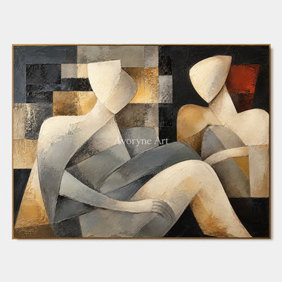 Quiet Company: Neutral Cubist Figure Wall Art — primary