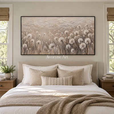 Seedlight Meadow: Neutral Dandelion Field Wall Art — bedroom black