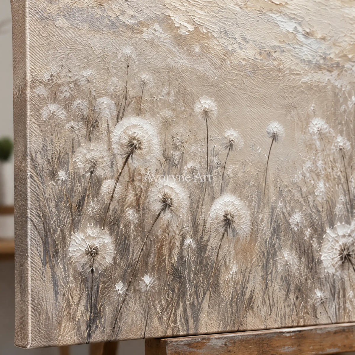 Seedlight Meadow: Neutral Dandelion Field Wall Art — detail easel