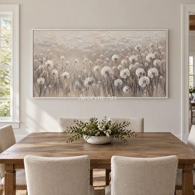 Seedlight Meadow: Neutral Dandelion Field Wall Art — dining white