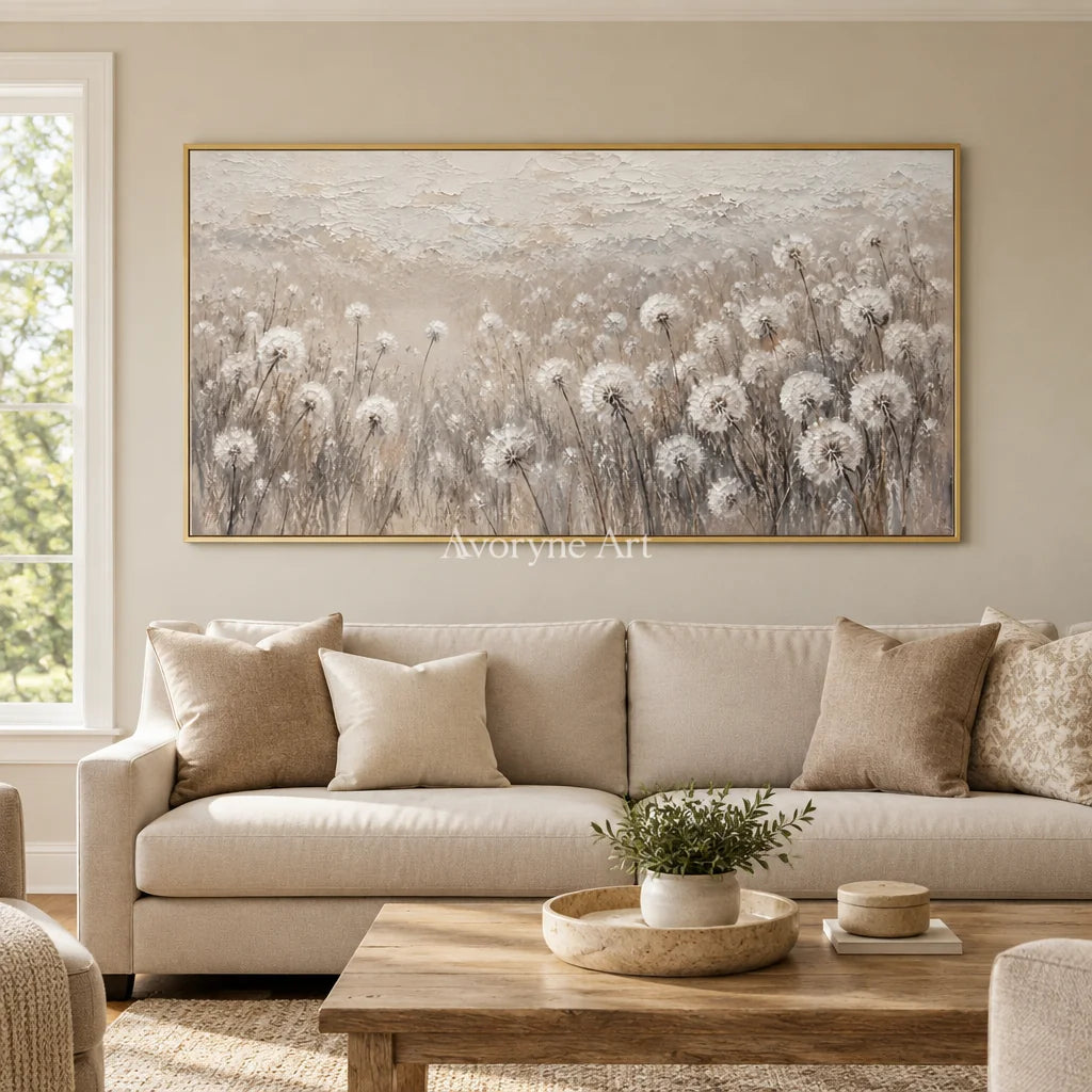 Seedlight Meadow: Neutral Dandelion Field Wall Art — living gold