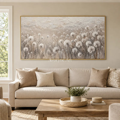 Seedlight Meadow: Neutral Dandelion Field Wall Art — living gold