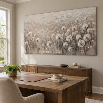 Seedlight Meadow: Neutral Dandelion Field Wall Art — office frameless