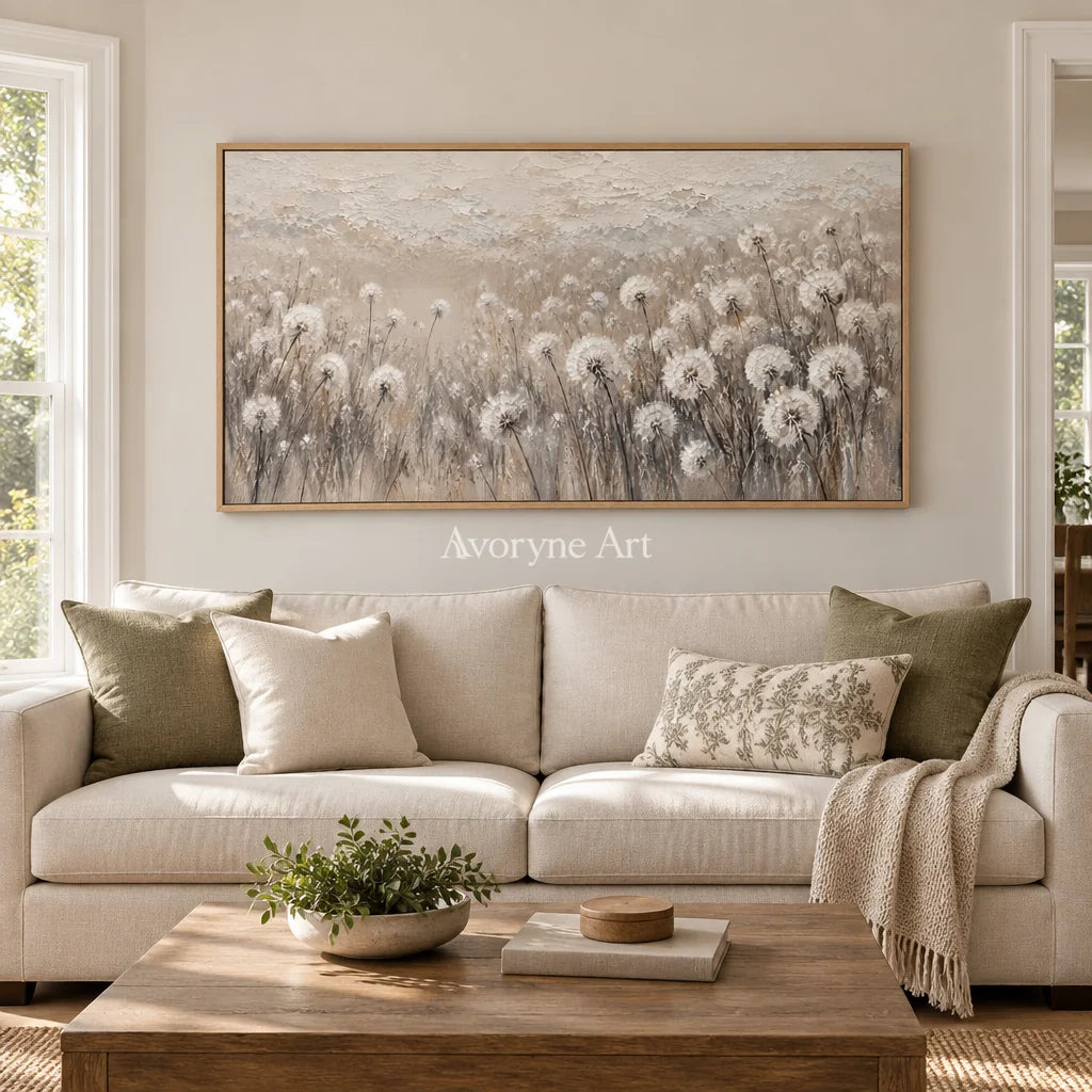 Seedlight Meadow: Neutral Dandelion Field Wall Art — villa wood