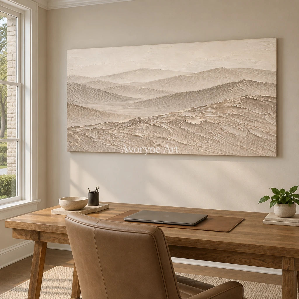 Dune Reverie: Neutral Desert Landscape Wall Art — office frameless