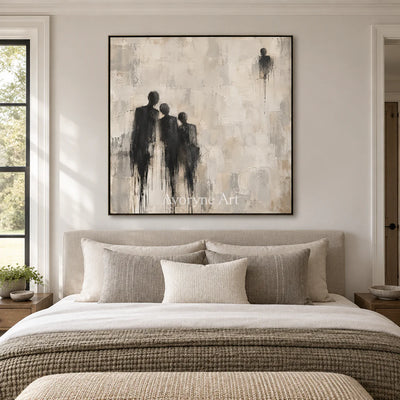Distant Company: Neutral Figure Abstract Wall Art — bedroom black