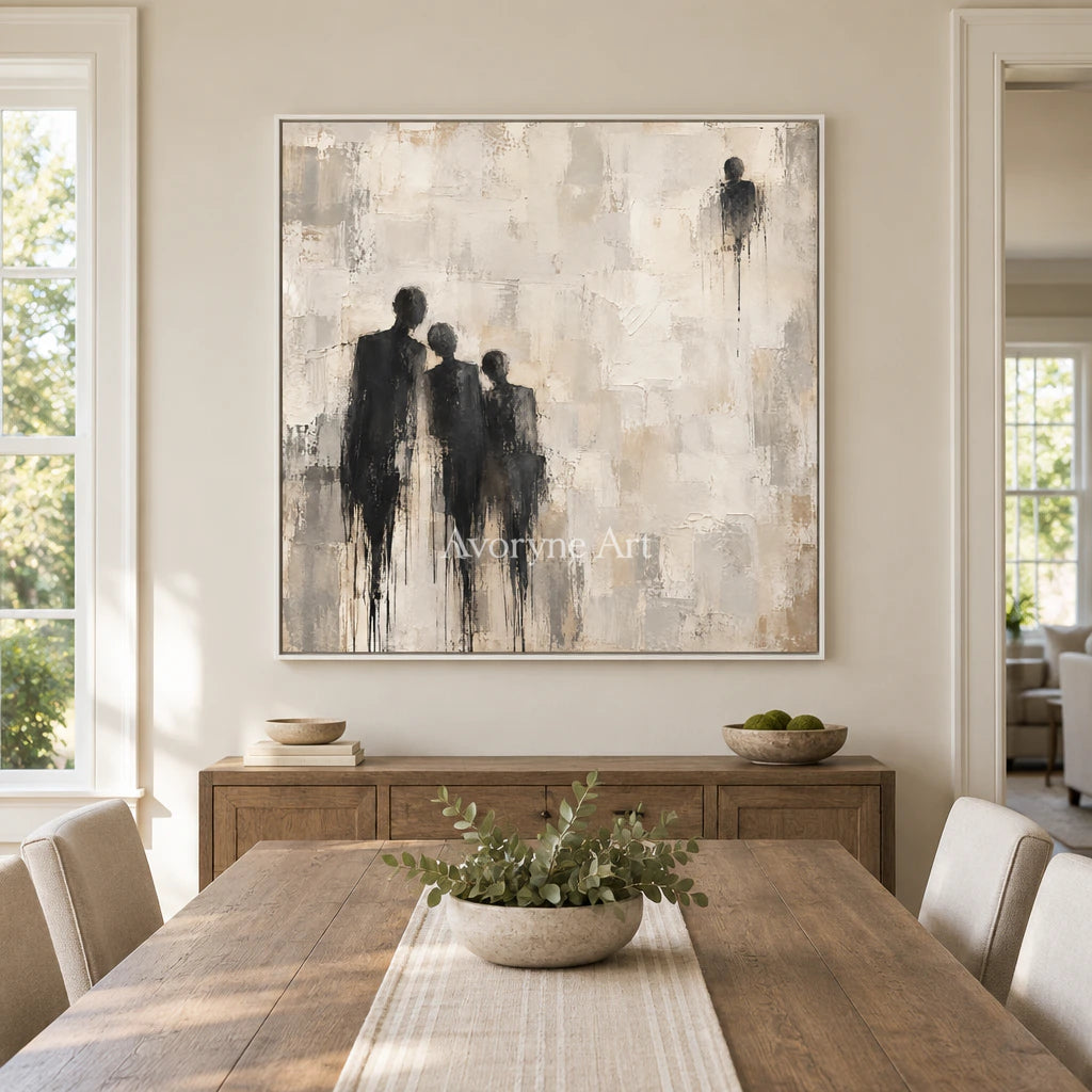Distant Company: Neutral Figure Abstract Wall Art — dining white