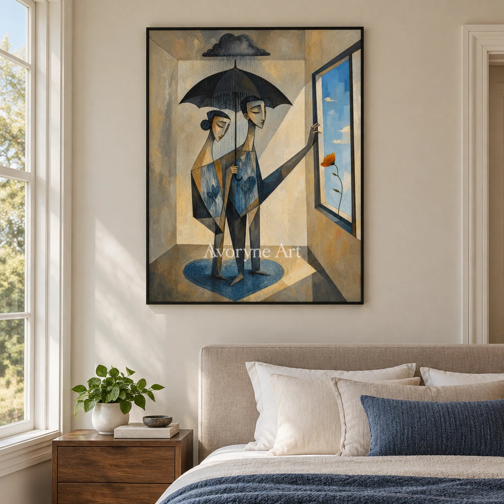 Blue Reverie neutral figure wall art with a black frame above a bed in a bedroom