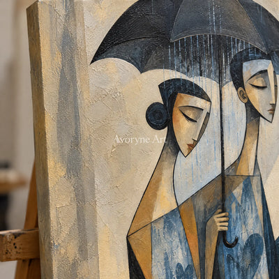 Close-up of the hand-painted texture of Blue Reverie neutral figure wall art on an easel