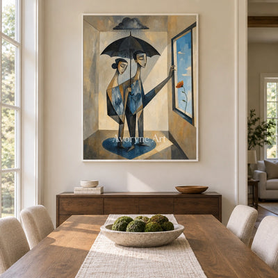 Blue Reverie neutral figure wall art with a white frame in a dining room