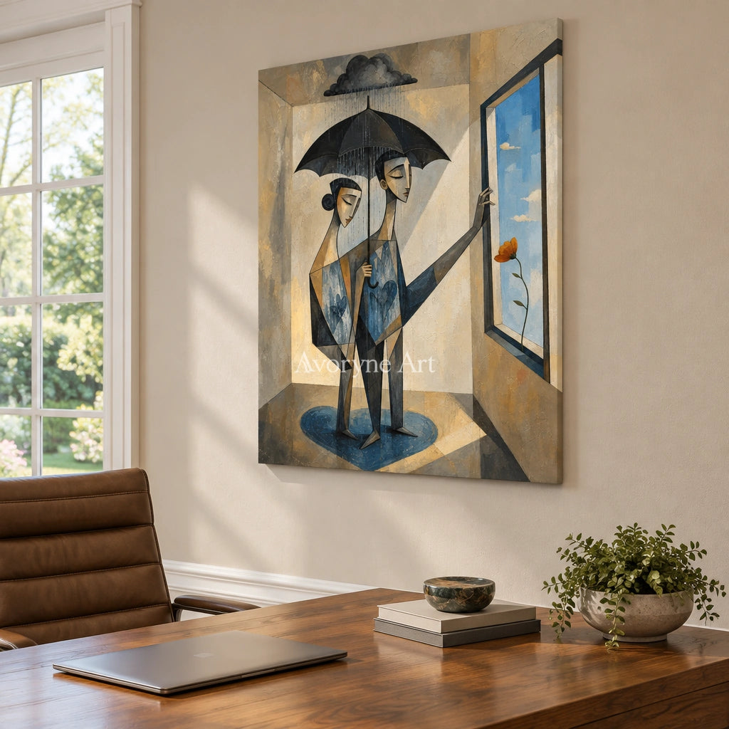 Blue Reverie neutral figure wall art as a frameless stretched canvas in a home office