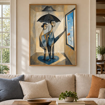 Blue Reverie neutral figure wall art with a wood frame in a villa living space