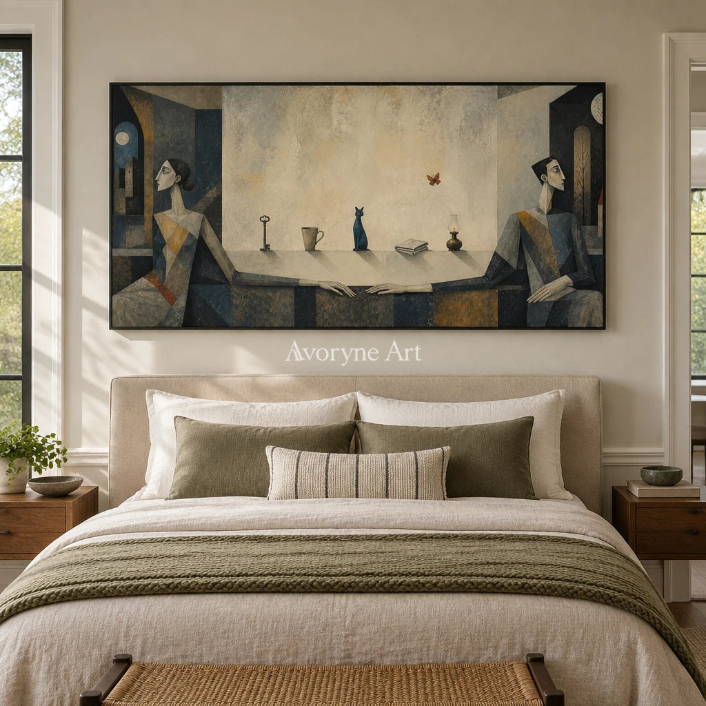 Blue Echo neutral figure wall art with a black frame above a bed in a bedroom