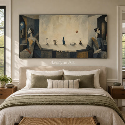 Blue Echo neutral figure wall art with a black frame above a bed in a bedroom