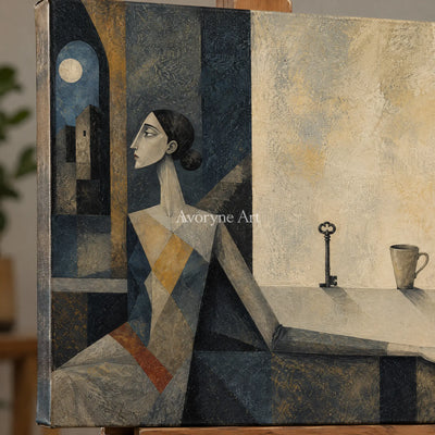Close-up of the hand-painted texture of Blue Echo neutral figure wall art on an easel