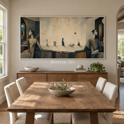 Blue Echo neutral figure wall art with a white frame in a dining room