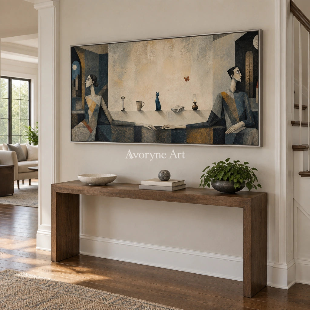 Blue Echo neutral figure wall art with a silver frame in an entryway