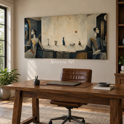 Blue Echo neutral figure wall art as a frameless stretched canvas in a home office