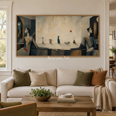 Blue Echo neutral figure wall art with a wood frame in a villa living space