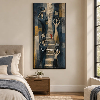 Blue Rhythm neutral figure wall art with a black frame above a bed in a bedroom