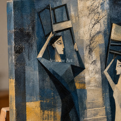 Close-up of the hand-painted texture of Blue Rhythm neutral figure wall art on an easel