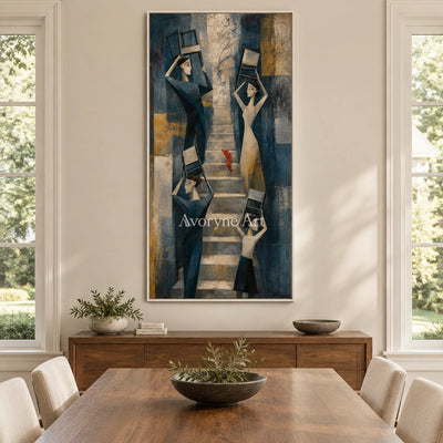 Blue Rhythm neutral figure wall art with a white frame in a dining room