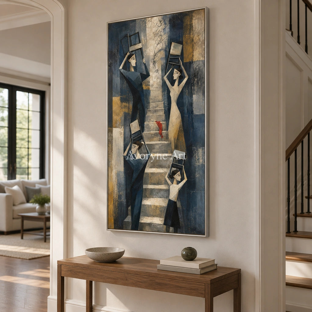 Blue Rhythm neutral figure wall art with a silver frame in an entryway