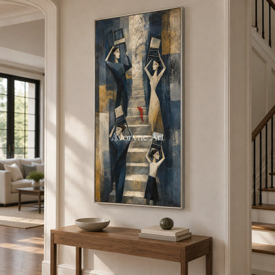 Blue Rhythm neutral figure wall art with a silver frame in an entryway