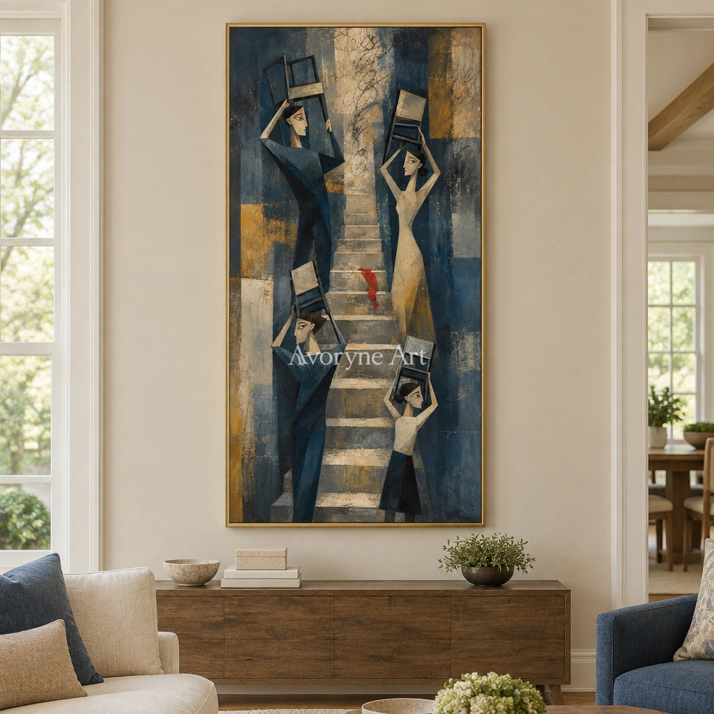 Blue Rhythm neutral figure wall art with a gold frame hanging in a living room