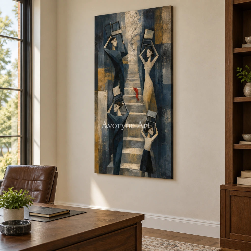 Blue Rhythm neutral figure wall art as a frameless stretched canvas in a home office