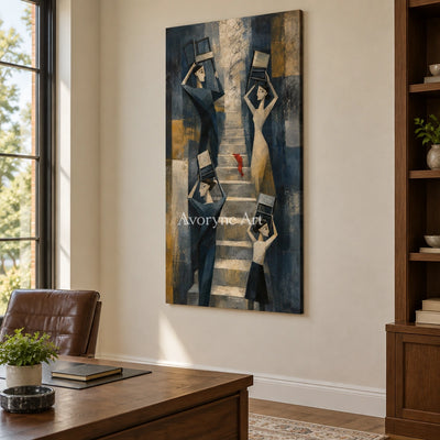 Blue Rhythm neutral figure wall art as a frameless stretched canvas in a home office