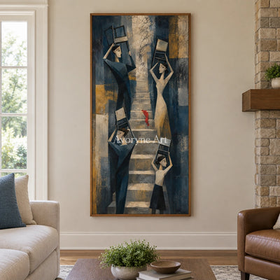 Blue Rhythm neutral figure wall art with a wood frame in a villa living space