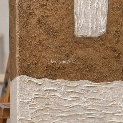 Close-up of the hand-painted texture of Muted Current neutral fold relief diptych on an easel