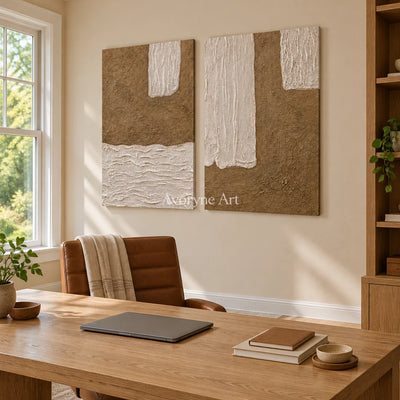 Muted Current neutral fold relief diptych as a frameless stretched canvas in a home office