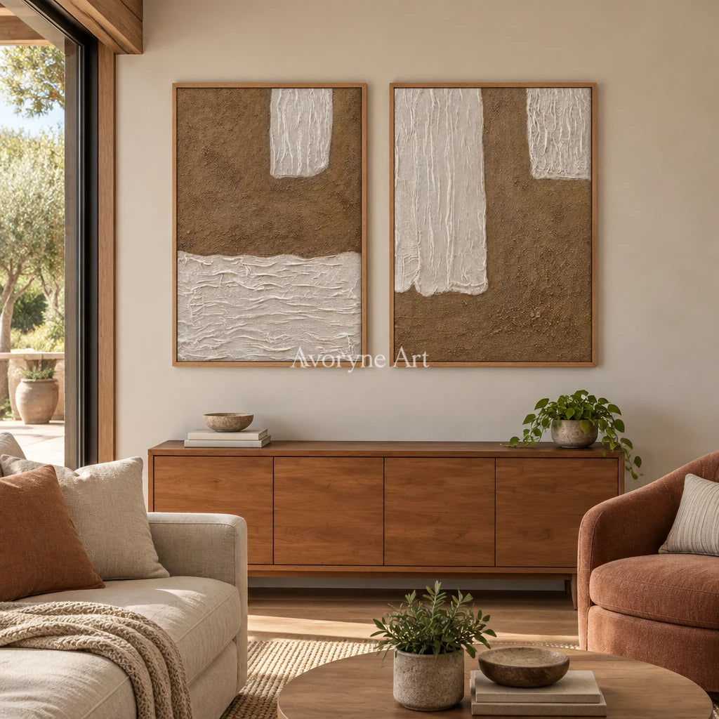 Muted Current neutral fold relief diptych with a wood frame in a villa living space