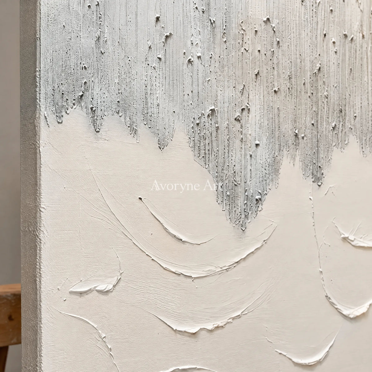 Close-up of the hand-painted texture of Muted Gesture neutral fold relief diptych on an easel