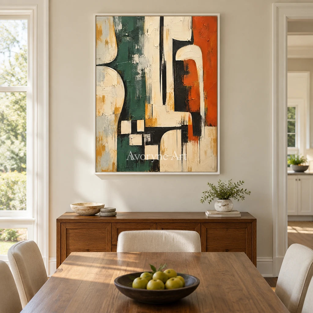 Sage Framework: Neutral Geometric Abstract Art — dining white