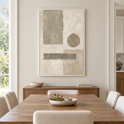 Sage Measure: Neutral Geometric Abstract Art — dining white