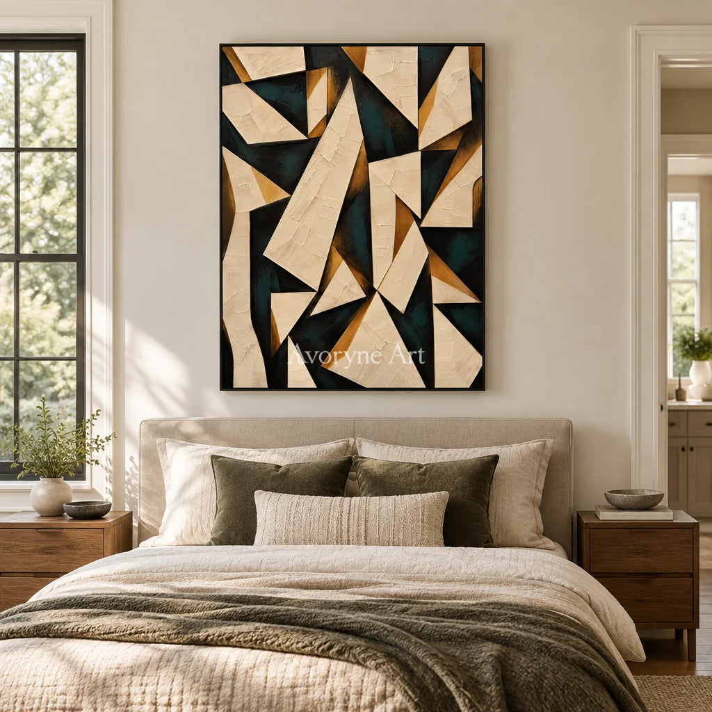Folded Angles: Neutral Geometric Abstract Wall Art — bedroom black