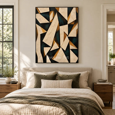 Folded Angles: Neutral Geometric Abstract Wall Art — bedroom black