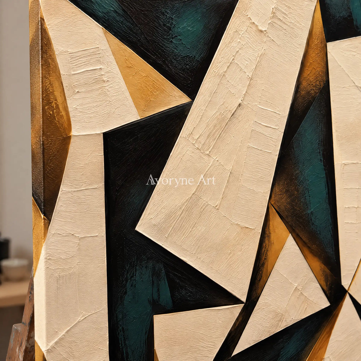 Folded Angles: Neutral Geometric Abstract Wall Art — detail easel