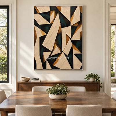 Folded Angles: Neutral Geometric Abstract Wall Art — dining white