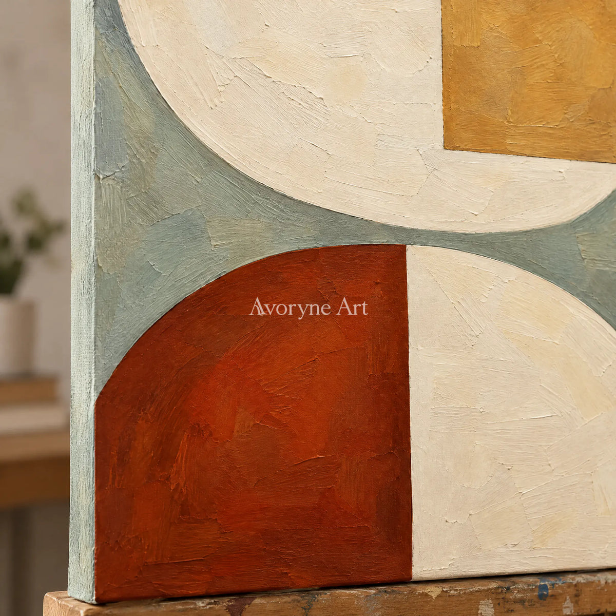 Arc and Ochre: Neutral Geometric Abstract Wall Art — detail easel