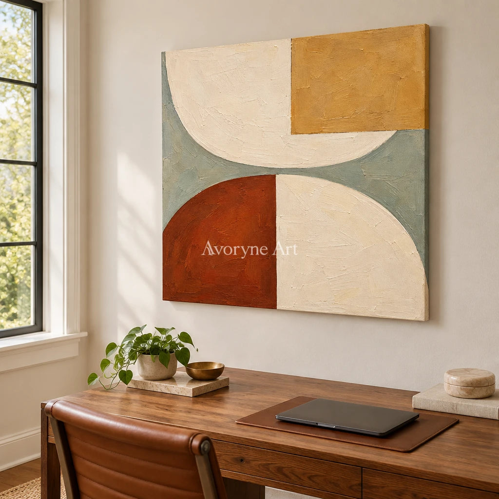 Arc and Ochre: Neutral Geometric Abstract Wall Art — office frameless