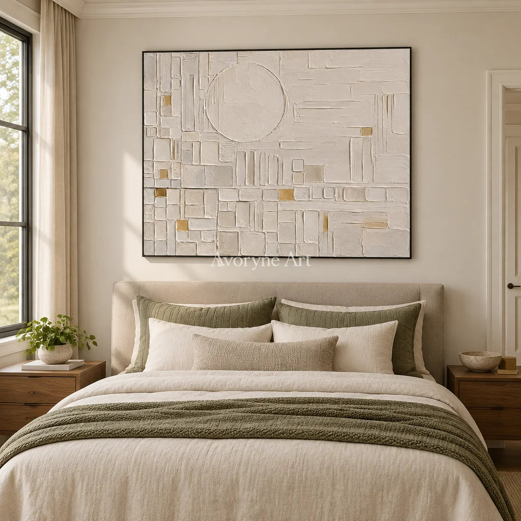 Ivory Blueprint: Neutral Geometric Relief Art — bedroom black