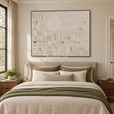 Ivory Blueprint: Neutral Geometric Relief Art — bedroom black