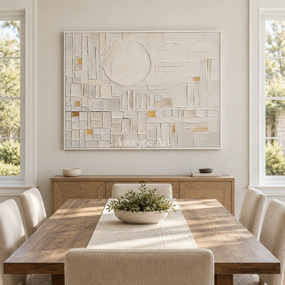 Ivory Blueprint: Neutral Geometric Relief Art — dining white